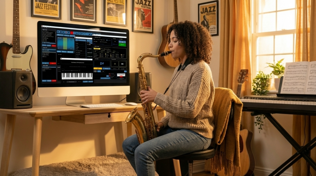 Girl Practicing saxophone with Mingus Software
